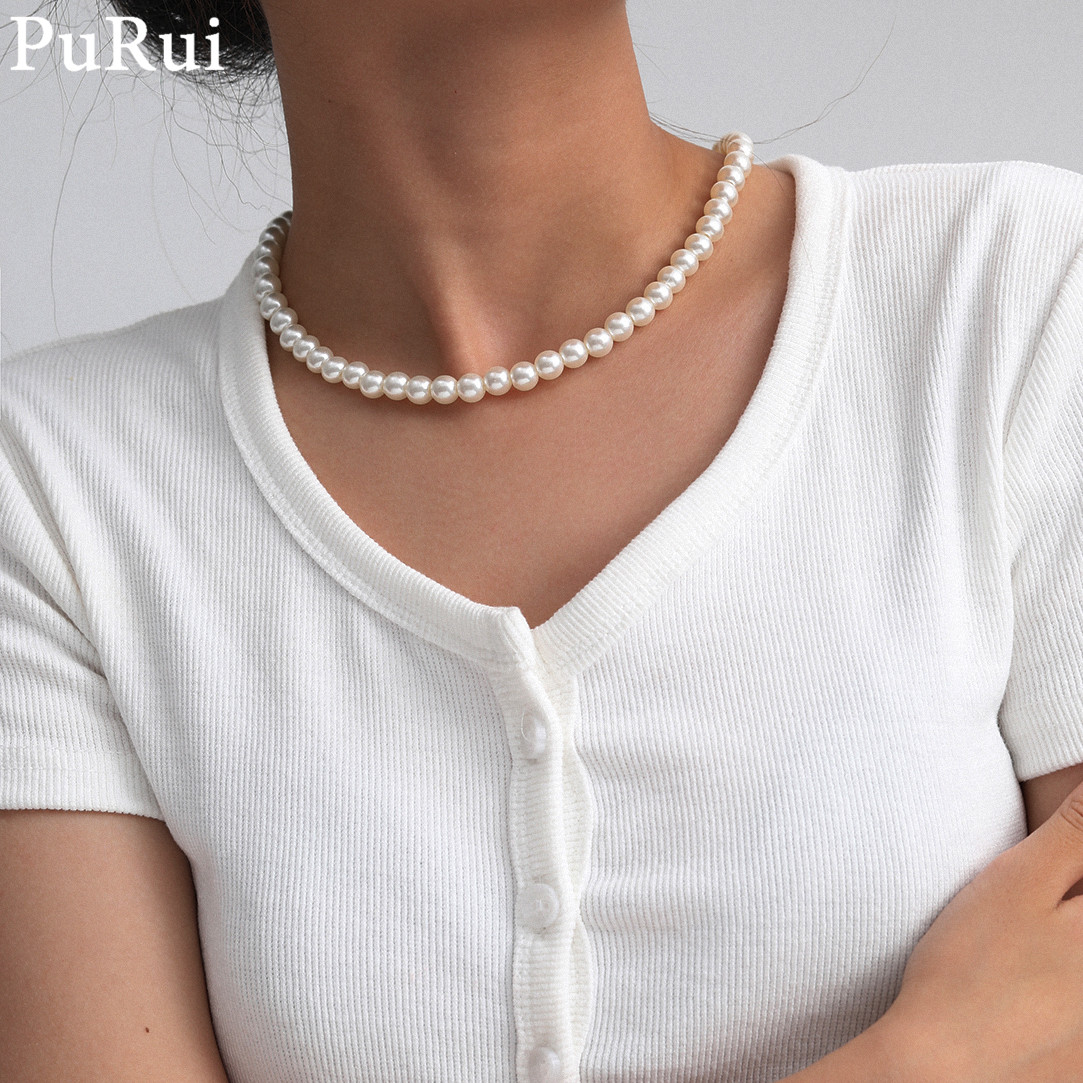Vintage Fashion Korea - Kalung Choker mutiara imitasi wanita, minimalis