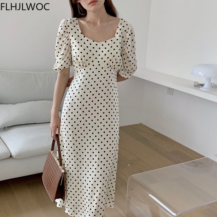 Vintage Fashion Korea - Gaun Maxi Panjang Chic Korea Polkadot