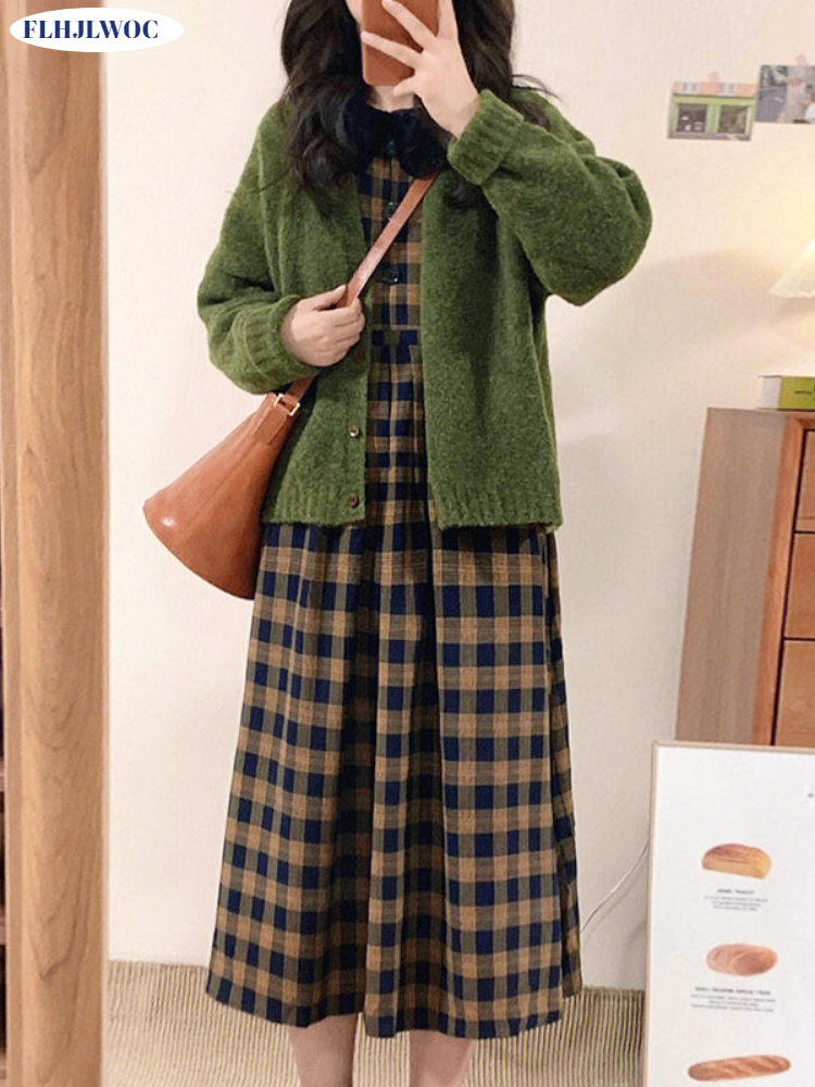 Vintage Fashion Korea - Gaun Kotak-kotak Kopi 2023 Pakaian Dasar