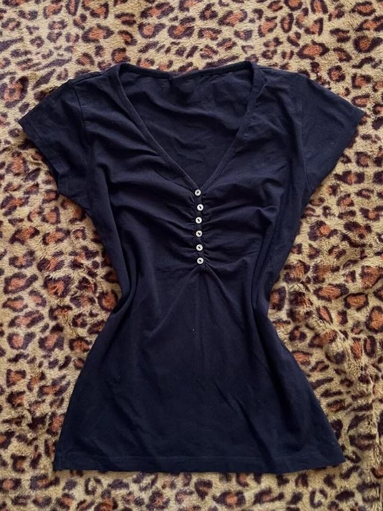 Vintage Fashion Korea - Kaos Biru Tua Vintage Korea Wanita