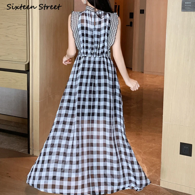 Gaun Tanpa Lengan Kotak-kotak  - Vintage Fashion Runway ulasan dan harga